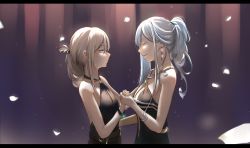 Rule 34 | 2girls, absurdres, ak-12 (girls&#039; frontline), ak-12 (quiet azure) (girls&#039; frontline), alternate costume, an-94 (girls&#039; frontline), an-94 (silent rouge) (girls&#039; frontline), anming, aqua eyes, bare arms, bare shoulders, black dress, blonde hair, blush, bracelet, breasts, closed eyes, closed mouth, couple, dancing, dress, earrings, expressionless, female focus, folded ponytail, girls&#039; frontline, gloves, grin, hair between eyes, hairband, half-closed eyes, halter dress, halterneck, hand on another&#039;s hip, highres, holding hands, jewelry, letterboxed, long hair, looking at another, medium breasts, multiple girls, neck, official alternate costume, petals, ponytail, sidelocks, silver hair, smile, upper body, very long hair, yuri