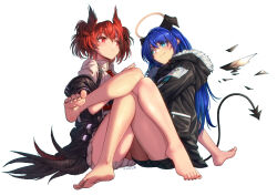 Rule 34 | 2girls, arknights, barefoot, black nails, blue hair, demon girl, demon horns, demon tail, feet, fiammetta (arknights), halo, highres, holding another&#039;s legs, holding legs, horns, looking at another, mostima (arknights), multiple girls, nail polish, red hair, skirt, soles, tail, thighs, toenail polish, toenails, toes, white background, white skirt, yamauchi (conan-comy), yuri
