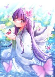 Rule 34 | 1girl, animal, aoshima kanae, blurry, blurry foreground, blush, bug, butterfly, butterfly hair ornament, closed mouth, commentary request, depth of field, frilled kimono, frills, grey kimono, hair between eyes, hair ornament, hands up, insect, japanese clothes, kimono, long hair, long sleeves, original, purple hair, red eyes, shallow water, smile, solo, very long hair, water, wide sleeves