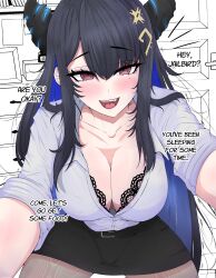 Rule 34 | 1girl, absurdres, alternate costume, asymmetrical horns, belt, black belt, black bra, black hair, black horns, black skirt, blue hair, blush, bra, bra peek, breasts, cleavage, collared shirt, colored inner hair, commentary, demon horns, dress shirt, english commentary, english text, fang, hair between eyes, hair ornament, highres, hololive, hololive english, horns, lace, lace-trimmed bra, lace trim, large breasts, long hair, looking at viewer, mayoa, mole, mole under eye, multicolored hair, nerissa ravencroft, notice lines, open mouth, partially unbuttoned, pencil skirt, red eyes, shirt, skirt, sleeves rolled up, smile, solo, teeth, tongue, two-tone hair, underwear, uneven horns, upper teeth only, virtual youtuber, white shirt