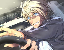 Rule 34 | 1boy, amuro tooru, black jacket, blonde hair, blue eyes, car interior, car seat, commentary, crazy grin, crazy smile, dreaming182, driving, fingernails, from side, grin, hair between eyes, jacket, long sleeves, looking to the side, male focus, meitantei conan, open clothes, open jacket, shirt, short hair, smile, solo, speed lines, steering wheel, sweat, teeth, upper body, white shirt
