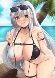 Rule 34 | 1girl, absurdres, arm strap, beach, bikini, bottomless, breasts, choker, cleavage, green eyes, hair ornament, heart, heart-shaped pupils, highres, hololive, hololive fantasy, huge breasts, kuutamo, large breasts, long hair, looking at viewer, mole, mole on breast, nipples, shirogane noel, silver hair, skindentation, smile, sunglasses on head, sweat, swimsuit, symbol-shaped pupils, thigh strap, tongue, tongue out, virtual youtuber, wardrobe malfunction, wet