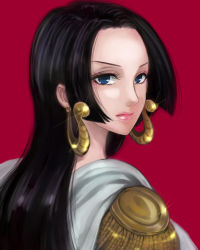 Rule 34 | 1girl, artist request, black hair, blue eyes, boa hancock, cape, earrings, epaulettes, jewelry, lips, long hair, looking at viewer, looking back, one piece, simple background, solo