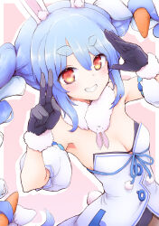 Rule 34 | 1girl, absurdres, animal ear fluff, animal ears, bare shoulders, black gloves, black leotard, blue hair, braid, breasts, brown pantyhose, carrot hair ornament, cleavage, commentary request, detached sleeves, don-chan (usada pekora), dress, food-themed hair ornament, fur-trimmed gloves, fur trim, gloves, grin, hair between eyes, hair ornament, hands up, highres, hololive, leotard, multicolored hair, outline, pantyhose, puffy short sleeves, puffy sleeves, rabbit ears, short eyebrows, short sleeves, small breasts, smile, solo, strapless, strapless dress, strapless leotard, takunama, thick eyebrows, twin braids, twintails, two-tone hair, usada pekora, virtual youtuber, white dress, white hair, white outline, white sleeves