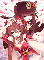 Rule 34 | 2girls, bell, black hat, black shorts, boo tao (genshin impact), breasts, brown eyes, brown hair, brown shirt, butterfly-shaped pupils, collar, company connection, cosplay, costume switch, flower-shaped pupils, fox mask, genshin impact, hat, highres, honkai: star rail, honkai (series), hu tao (genshin impact), in-franchise crossover, japanese clothes, jingle bell, juffles, kimono, leaning forward, long hair, long sleeves, mask, mask on head, multiple girls, neck bell, one eye closed, petals, red collar, red eyes, red kimono, shirt, short shorts, shorts, small breasts, sparkle (honkai: star rail), symbol-shaped pupils, tongue, tongue out, twintails, v