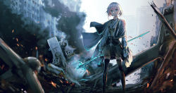 Rule 34 | 1girl, black skirt, black thighhighs, blue eyes, capelet, closed mouth, day, glowing, glowing weapon, highres, holding, holding weapon, lanyard, legs apart, looking at viewer, original, outdoors, polearm, ruins, short hair with long locks, sidelocks, silver hair, skinny, skirt, smoke, solo, standing, swav, thighhighs, trident, weapon