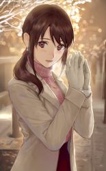 Rule 34 | 1girl, :d, blurry, blurry background, blush, brown eyes, brown hair, character request, coat, copyright request, earrings, gloves, highres, jewelry, kouzuki kei, low tied hair, necklace, open clothes, open coat, open mouth, outdoors, own hands together, pink sweater, red skirt, skirt, smile, sweater, turtleneck, turtleneck sweater, white coat, white gloves