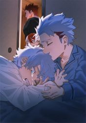 Rule 34 | 4boys, aged down, beard, bedroom, blue eyes, blurry, boku no hero academia, brothers, clenched teeth, closed eyes, comforting, crying, crying with eyes open, cuts, depth of field, endeavor (boku no hero academia), facial hair, family, father and son, fire, hair between eyes, hallway, indoors, injury, kissing hair, long bangs, looking at another, male focus, mature male, mm39572, multicolored hair, multiple boys, muscular, muscular male, pajamas, pectorals, scratches, shirt grab, short hair, siblings, spiked hair, streaked hair, surprised, tears, teeth, todoroki natsuo, todoroki shouto, todoroki touya, two-tone hair, white hair, wooden ceiling, wooden wall