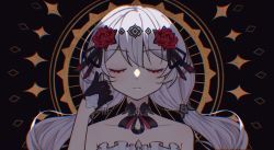 Rule 34 | 1girl, black dress, black gloves, closed eyes, closed mouth, dress, flower, gloves, hair flower, hair ornament, highres, honkai (series), honkai impact 3rd, long hair, qian xii, red flower, red rose, rose, sleeveless, sleeveless dress, theresa apocalypse, theresa apocalypse (luna kindred), twintails, white hair
