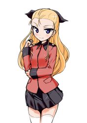 Rule 34 | 1girl, aegis (nerocc), alternate legwear, arm grab, assam (girls und panzer), black ribbon, black skirt, blonde hair, blue eyes, blush, closed mouth, commentary, cowboy shot, epaulettes, girls und panzer, hair pulled back, hair ribbon, jacket, light blush, long hair, long sleeves, looking at viewer, military, military uniform, miniskirt, pleated skirt, red jacket, ribbon, simple background, skirt, smile, solo, st. gloriana&#039;s military uniform, standing, thighhighs, uniform, white background, white thighhighs, zettai ryouiki