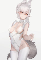 Rule 34 | 1girl, absurdres, animal ear fluff, animal ears, arknights, arm behind back, azur lane, breasts, commentary, cosplay, cowboy shot, crocodilian tail, extra ears, fake animal ears, hand up, highres, le malin (azur lane), le malin (listless lapin) (azur lane), le malin (listless lapin) (azur lane) (cosplay), leotard, looking at viewer, open mouth, orange eyes, playboy bunny, pointy ears, rabbit ears, simple background, sin9, small breasts, solo, symbol-only commentary, tail, thighhighs, tomimi (arknights), white background, white hair, white leotard, white thighhighs