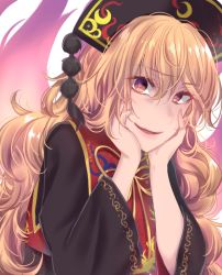Rule 34 | 1girl, asa (coco), aura, black dress, blonde hair, commentary request, dress, hands on own cheeks, hands on own face, headdress, junko (touhou), long hair, long sleeves, looking at viewer, neck ribbon, parted lips, pom pom (clothes), red eyes, ribbon, simple background, smile, solo, tabard, tassel, touhou, upper body, wavy hair, white background, wide sleeves, yellow ribbon