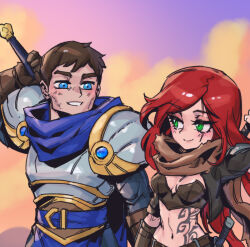 Rule 34 | 1boy, 1girl, arm up, armor, belt, blue belt, blue eyes, breastplate, breasts, brown gloves, brown hair, brown scarf, cleavage, closed mouth, cloud, commentary, crop top, day, english commentary, garen (league of legends), gloves, green eyes, grin, katarina (league of legends), league of legends, long hair, looking at another, medium breasts, navel, outdoors, phantom ix row, purple sky, red hair, scar, scar across eye, scarf, short hair, shoulder plates, sky, smile, stomach tattoo, tattoo, teeth, weapon, weapon on back