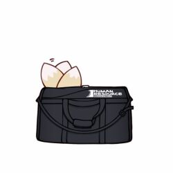 Rule 34 | 1girl, arknights, bag, duffel bag, fox tail, in bag, in container, kitsune, lxjun 09, motion lines, recruitment bag (arknights), simple background, solo, suzuran (arknights), tail, white background