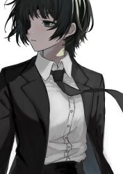 Rule 34 | 1girl, absurdres, barbarpapa7, black eyes, black hair, black necktie, black pants, black suit, buttons, chainsaw man, collared shirt, commentary, dress shirt, expressionless, eyepatch, floating neckwear, formal, highres, himeno (chainsaw man), jacket, lapels, long sleeves, looking to the side, necktie, notched lapels, open clothes, open jacket, pants, parted lips, shirt, shirt tucked in, short hair, simple background, solo, suit, suit jacket, upper body, white background, white shirt