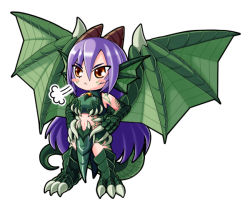 Rule 34 | 1girl, :&lt;, animal hands, bare shoulders, blush stickers, chibi, claws, crotch plate, dragon, dragon (monster girl encyclopedia), dragon girl, green wings, horns, long hair, midriff, monster girl, monster girl encyclopedia, nawiria, nawiria vire, purple hair, scales, simple background, solo, tail, talons, wings