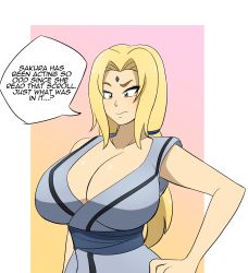 Rule 34 | 1girl, absurdres, blonde hair, breasts, cleavage, collarbone, english text, forehead jewel, green eyes, hand on own hip, highres, huge breasts, japanese clothes, kobi-tfs, long hair, naruto (series), ponytail, sleeveless, solo, speech bubble, tsunade (naruto)