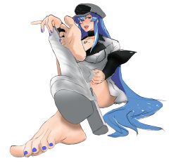 Rule 34 | 1girl, akame ga kill!, barefoot, blue eyes, blue hair, boots, esdeath, feet, hat, highres, long hair, looking at viewer, military hat, nail polish, open mouth, shoes, unworn shoes, soles, toenail polish, toenails, toes