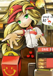Rule 34 | 1girl, anger vein, apple, applejack, blonde hair, blush, breasts, brown skirt, burger, collared shirt, employee uniform, english text, fast food, fast food uniform, fingernails, food, fruit, green eyes, hat, head tilt, highres, indoors, looking at viewer, mcdonald&#039;s, md5 mismatch, my little pony, my little pony: friendship is magic, nail, nail polish, personification, ronald mcdonald, shirt, skirt, skyshek, small breasts, smiley face, solo, speech bubble, text focus, throwing, uniform, visor cap, white shirt, yellow nails