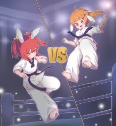 Rule 34 | 2girls, :d, absurdres, ahoge, animal ears, bandaged hand, bandages, belt, black belt, bright pupils, carrot hair ornament, chinese commentary, clenched hand, commentary request, dougi, food-themed hair ornament, hair ornament, highres, karate, kuma-bound, martial arts belt, multiple girls, open mouth, orange hair, original, pants, red hair, smile, soles, taekwondo, teeth, toes, twintails, upper teeth only, v-shaped eyebrows, white pants, white pupils, yellow eyes