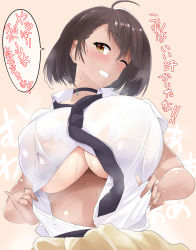 Rule 34 | 1girl, ahoge, azur lane, baltimore (after-school ace) (azur lane), baltimore (azur lane), black necktie, blush, braid, breasts, brown hair, choker, collared shirt, commentary request, grin, hair between eyes, highres, huge breasts, large breasts, looking at viewer, mizuyan, necktie, open clothes, school uniform, see-through, shirt, short hair, short sleeves, smile, solo, sweat, translated, unbuttoned, unbuttoned shirt, unbuttoning, underboob, undressing, wet, wet clothes, white shirt, yellow eyes