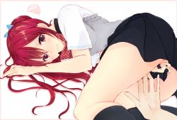 Rule 34 | 10s, 1girl, bad id, bad pixiv id, between legs, blush, covering privates, covering crotch, free!, heart, heart-shaped pupils, long hair, lying, matsuoka gou, on side, red eyes, red hair, sakuragi yuzuki, school uniform, skirt, skirt tug, solo focus, sweatdrop, sweater vest, symbol-shaped pupils, thighs, white background