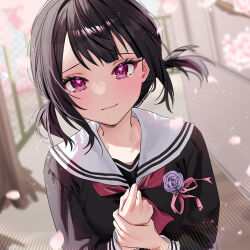 Rule 34 | 1girl, black hair, black shirt, blurry, blurry background, blush, cherry blossoms, chigusa minori, closed mouth, commentary request, falling petals, flower, highres, holding own wrist, lens flare, light particles, looking at viewer, make heroine no kouhai-chan, medium hair, nagisa (make heroine no kouhai-chan), neckerchief, official art, petals, purple eyes, purple flower, purple rose, red neckerchief, rose, sailor collar, school uniform, serafuku, shadow, shirt, short twintails, solo, tearing up, twintails, upper body, white sailor collar