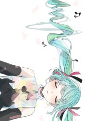 Rule 34 | 1girl, absurdres, beamed eighth notes, blue hair, blush, closed eyes, collared shirt, eighth note, elbow gloves, floating, floating hair, gloves, green hair, hair ribbon, hatsune miku, highres, long hair, musical note, nagitofuu, parted lips, ribbon, shirt, sleeveless, sleeveless shirt, solo, twintails, very long hair, vocaloid, wavy hair
