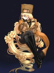 Rule 34 | 1girl, black gloves, black shirt, blue eyes, boots, brown coat, brown hat, closed mouth, coat, collared shirt, crossed legs, ebi pri shrimp, fingerless gloves, flower, full body, fur hat, gloves, gradient background, guilty gear, guilty gear strive, hand on own face, hat, long hair, looking away, millia rage, pantyhose, rose, scarf, shirt, sitting, solo, ushanka, very long hair, white background
