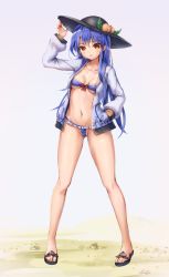 Rule 34 | 1girl, bikini, black footwear, black headwear, blue bikini, breasts, cleavage, closed mouth, fii fii (feefeeowo), food, fruit, full body, gluteal fold, groin, hand in pocket, hand on headwear, highres, hinanawi tenshi, leaf, long sleeves, looking at viewer, navel, open clothes, open shirt, peach, red eyes, shirt, simple background, small breasts, solo, standing, swimsuit, touhou, white background, white shirt