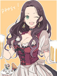 Rule 34 | 1boy, 2girls, ;d, alcohol, alternate costume, apron, beer, bodice, border, breasts, brown hair, choker, cleavage, cup, dirndl, dorothea arnault, dress, earrings, ferdinand von aegir, fire emblem, fire emblem: three houses, german clothes, green eyes, holding, holding cup, jewelry, large breasts, long hair, manuela casagranda, multiple girls, nintendo, one eye closed, open mouth, puffy short sleeves, puffy sleeves, short sleeves, simple background, smile, solo focus, tenjin (ahan), waist apron, waitress, white border, yellow background