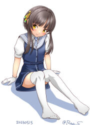 Rule 34 | 1girl, black hair, blue dress, brown eyes, dress, gloves, grey sailor collar, hair ribbon, kantai collection, looking at viewer, necktie, one-hour drawing challenge, ray.s, ribbon, sailor collar, shirt, short hair, short hair with long locks, simple background, sitting, smile, solo, striped necktie, thighhighs, ukuru (kancolle), white background, white gloves, white shirt, white thighhighs, yellow ribbon