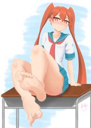 Rule 34 | 1girl, bare legs, barefoot, blush, chair, closed mouth, desk, fang, feet, foot focus, highres, leg up, long hair, looking at viewer, no shoes, on desk, orange eyes, orange hair, renri (nknk4ag), school chair, school desk, school uniform, serafuku, shirt, sitting, on desk, soles, solo, sweat, toes, twintails, ueno-san wa bukiyou, ueno (ueno-san wa bukiyou), very long hair, wavy mouth