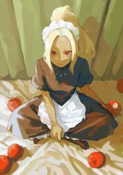 Rule 34 | 1girl, absurdres, apple, apron, black dress, blonde hair, breasts, closed mouth, dark-skinned female, dark skin, dated, dress, eyelashes, food, forehead, fruit, full body, gravity daze, hairband, highres, indian style, kitten (gravity daze), looking at viewer, maid, maid apron, maid headdress, medium breasts, mossan351, no shoes, official alternate costume, parted bangs, ponytail, puffy short sleeves, puffy sleeves, red eyes, shadow, short sleeves, sidelocks, sitting, small breasts, solo, tongue, tongue out, white hairband