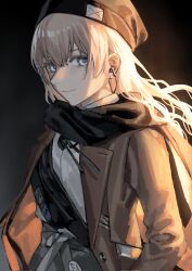 Rule 34 | 1girl, brown jacket, closed mouth, collared shirt, corrupted twitter file, girls&#039; frontline, grey eyes, hair between eyes, hat, highres, jacket, light brown hair, looking at viewer, looking to the side, mik blamike, open clothes, open jacket, open mouth, scar-l (girls&#039; frontline), scarf, shirt, smile, solo, upper body, white shirt