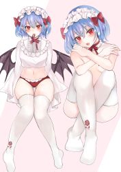 Rule 34 | 1girl, alternate costume, bare shoulders, bat wings, blue hair, blush, bow, breasts, buttons, center frills, cismlyri, collarbone, commentary request, convenient censoring, covering privates, covering breasts, eyelashes, fang, fingernails, frilled sleeves, frills, full body, head tilt, highres, light blue hair, long sleeves, looking at viewer, maid headdress, medium breasts, mouth hold, navel, open mouth, panties, pointy ears, red bow, red eyes, red panties, red ribbon, remilia scarlet, ribbon, shiny skin, short hair, skirt, unworn skirt, solo, standing, striped, striped background, teeth, thighhighs, touhou, underwear, upper teeth only, white thighhighs, wide sleeves, wings