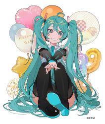 Rule 34 | 1girl, 39, :d, aqua eyes, aqua hair, aqua nails, aqua necktie, balloon, boots, character name, commentary, detached sleeves, grey shirt, hassan (sink916), hatsune miku, head tilt, headphones, headset, heart, heart-shaped pupils, heart balloon, high heels, highres, interlocked fingers, long hair, looking at viewer, nail polish, necktie, on floor, open mouth, shirt, skirt, sleeveless, smile, solo, symbol-shaped pupils, thigh boots, thighhighs, twintails, very long hair, vocaloid, white background