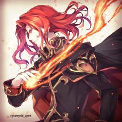 Rule 34 | 1boy, armor, armored dress, arvis (fire emblem), black cape, black shirt, cape, fire, fire emblem, fire emblem: genealogy of the holy war, gradient background, long sleeves, male focus, nintendo, red eyes, red hair, shirt, shuri yasuyuki, simple background, solo, tsurime, twitter username