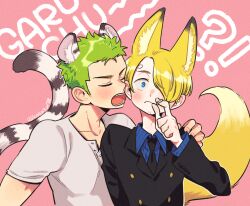 Rule 34 | !?, 2boys, animal ears, beard stubble, black necktie, black suit, blonde hair, blue eyes, blue shirt, blush, cigarette, closed eyes, collarbone, collared shirt, commentary request, cropped torso, curly eyebrows, facial hair, formal, fox boy, fox ears, fox tail, green hair, hair over one eye, hand on another&#039;s shoulder, holding, holding cigarette, imminent bite, long bangs, looking at viewer, male focus, mitsubachi koucha, multiple boys, necktie, one piece, open mouth, pink background, roronoa zoro, sanji (one piece), shirt, short hair, short sleeves, simple background, striped clothes, stubble, suit, surprised, tail, tiger boy, tiger ears, tiger tail, twitter username, white shirt, white tiger print, yaoi