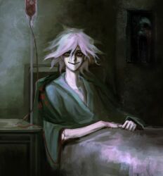 1boy absurdres bed blood blood_bag blue_eyes creepy danganronpa_(series) danganronpa_2:_goodbye_despair dark highres hospital_gown intravenous_drip iv_stand komaeda_nagito looking_at_viewer lying medium_hair nahzar777 shadow smile solo under_covers white_hair