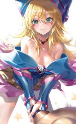 Rule 34 | 1girl, absurdres, bad id, bad twitter id, bare shoulders, blonde hair, blush stickers, breasts, cleavage, closed mouth, collar, collarbone, dark magician girl, dress, duel monster, green eyes, hat, highres, holding, lips, long hair, looking at viewer, medium breasts, okazu (eightstudio), pentagram, short dress, short hair, simple background, smile, solo, staff, star (symbol), white background, wizard hat, yu-gi-oh!, yu-gi-oh! duel monsters