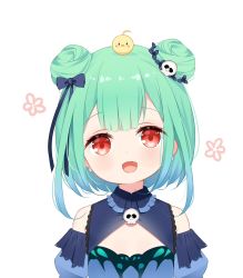 Rule 34 | 1girl, :d, animal, animal on head, bare shoulders, bird, black bow, blue dress, blue sleeves, bow, chick, detached sleeves, deyui, double bun, dress, earrings, fang, green hair, hair bow, hair bun, hair ornament, highres, hololive, jewelry, looking at viewer, on head, open mouth, puffy sleeves, red eyes, simple background, skull earrings, skull hair ornament, sleeveless, sleeveless dress, smile, solo, upper body, uruha rushia, uruha rushia (1st costume), virtual youtuber, white background