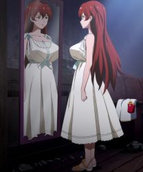 Rule 34 | 10s, 1girl, bare shoulders, breasts, cleavage, dress, earrings, female focus, full body, green eyes, highres, hiiragi akira, huge breasts, jewelry, kaneko hiraku, large breasts, long hair, mirror, red hair, reflection, sandals, screencap, smile, solo, standing, stitched, third-party edit, valkyrie drive, valkyrie drive -mermaid-, white dress
