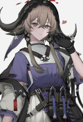 Rule 34 | 1girl, absurdres, animal ears, arknights, belt, belt pouch, black gloves, brown hair, closed mouth, coat, cow ears, cow horns, cowboy shot, flower, gloves, green eyes, grey coat, hand up, heart, highres, horns, hyakutarou (momotar0 4), long sleeves, looking at viewer, open clothes, open coat, pallas (arknights), petals, pleated skirt, pouch, purple shirt, red flower, shirt, short hair with long locks, sidelocks, simple background, skirt, smile, solo, veil, white background, white skirt