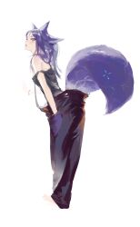 Rule 34 | 1girl, :o, absurdres, animal ears, bare shoulders, barefoot, camisole, fox ears, fox girl, fox tail, full body, hair ornament, hairclip, hand in pocket, highres, leaning forward, long hair, looking at viewer, original, pants, purple hair, purple tail, shisantian, simple background, solo, standing, strap slip, tail, white background