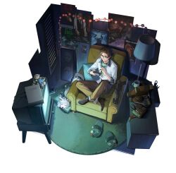 Rule 34 | 1boy, armchair, brown eyes, brown hair, brown pants, chair, closed mouth, coat, crossed legs, desk, display, dog, game console, ghost, green shirt, highres, horropedia, indoors, jacket, lamp, long sleeves, male focus, mask, official art, pants, reverse:1999, shirt, short ponytail, sitting, slippers, smile, solo, third-party source, tool belt, unworn coat, white jacket, window blinds