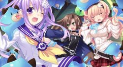 Rule 34 | 10s, 3girls, blush, bow, brown hair, choujigen game neptune mk2, compa, d-pad, dogoo, ear licking, closed eyes, female focus, game cg, green eyes, hair bow, hair ornament, hairband, highres, if (neptunia), licking, long hair, multiple girls, nepgear, neptune (series), official art, one eye closed, open mouth, orange hair, pink hair, purple eyes, purple hair, short hair, slime (creature), slime (substance), sweat, tears, tongue, tsunako, wince