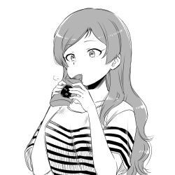 Rule 34 | 1girl, animal print, black cat, breasts, breath, cat, cat print, collarbone, dot nose, eating, expressionless, eyelashes, food, highres, holding, holding food, idolmaster, idolmaster million live!, idolmaster million live! theater days, kitazawa shiho, large breasts, long hair, matcha kingyo, parted bangs, shirt, short sleeves, sidelocks, simple background, solo, striped clothes, striped shirt, upper body, wavy hair, white background
