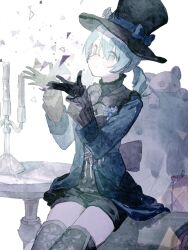Rule 34 | 1girl, aqua eyes, aqua hair, armchair, back bow, black footwear, black gloves, black hat, black shorts, blazer, boots, boutonniere, bow, buttons, candle, candlestand, chair, closed mouth, colorful festival (project sekai), commentary, cowboy shot, cross-laced clothes, cushion, drill hair, eyes visible through hair, flower, frilled sleeves, frills, frown, furrowed brow, gloves, grey-framed eyewear, grey bow, grey flower, grey ribbon, grey rose, hair between eyes, hands up, hat, hat bow, hat flower, hatsune miku, high collar, highres, jacket, layered sleeves, legs together, light particles, looking up, monocle, muted color, neck ribbon, official alternate costume, official alternate hairstyle, pale color, parted bangs, pogpa47985618, project sekai, purple flower, ribbon, rose, sad, semi-rimless eyewear, shade, short shorts, shorts, silver trim, simple background, sitting, solo, stuffed animal, stuffed cat, stuffed toy, table, tearing up, thigh boots, thighhighs, top hat, triangle, twin drills, under-rim eyewear, vocaloid, white background, zettai ryouiki