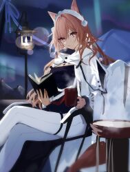 Rule 34 | 1girl, animal ears, arknights, aurora, black shirt, book, crossed legs, cup, gomago magoma, highres, holding, holding cup, jacket, lantern, looking at viewer, mug, official alternate costume, open book, pants, pink eyes, pink hair, pozyomka (arknights), pozyomka (snowy plains in words) (arknights), shirt, sitting, solo, steam, white jacket, white pants, wolf ears, wolf girl